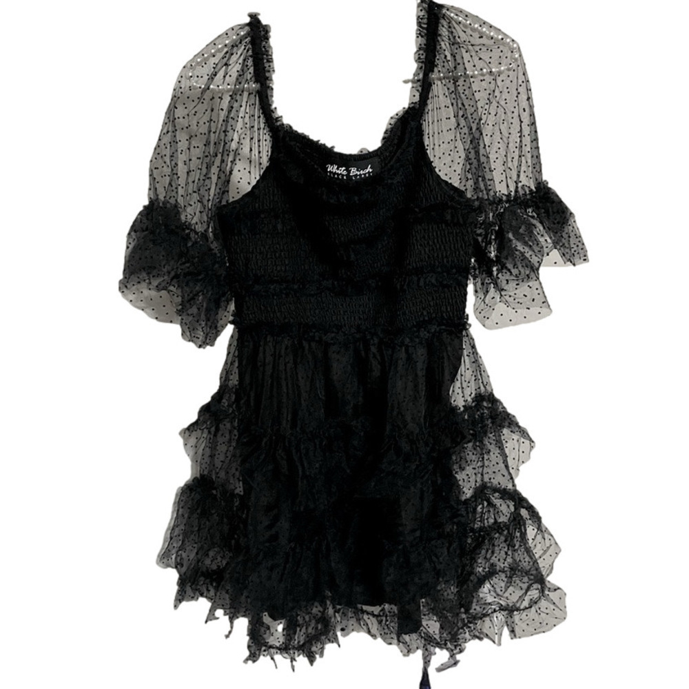 White Birch Black Swiss Dot Tulle Mini Dress M Smocked Ruffle Romantic Goth NWT - Picture 4 of 13